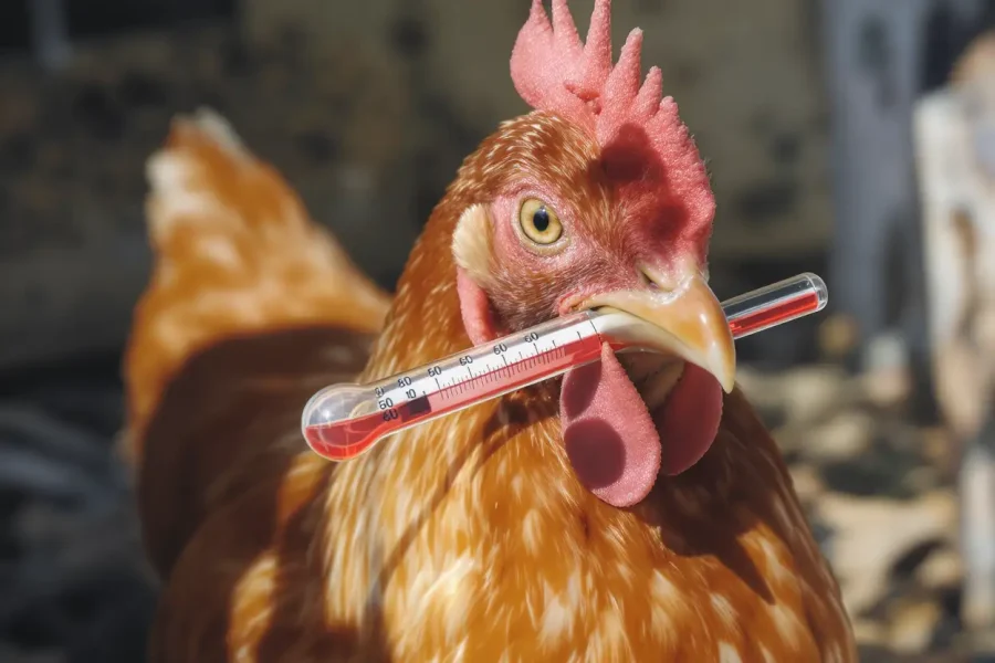 Un pollo de color marrón se encuentra al aire libre en Rivas con un termómetro de cristal en el pico, posiblemente para comprobar si tiene gripe aviar. El pollo mira hacia delante y el fondo está borroso.