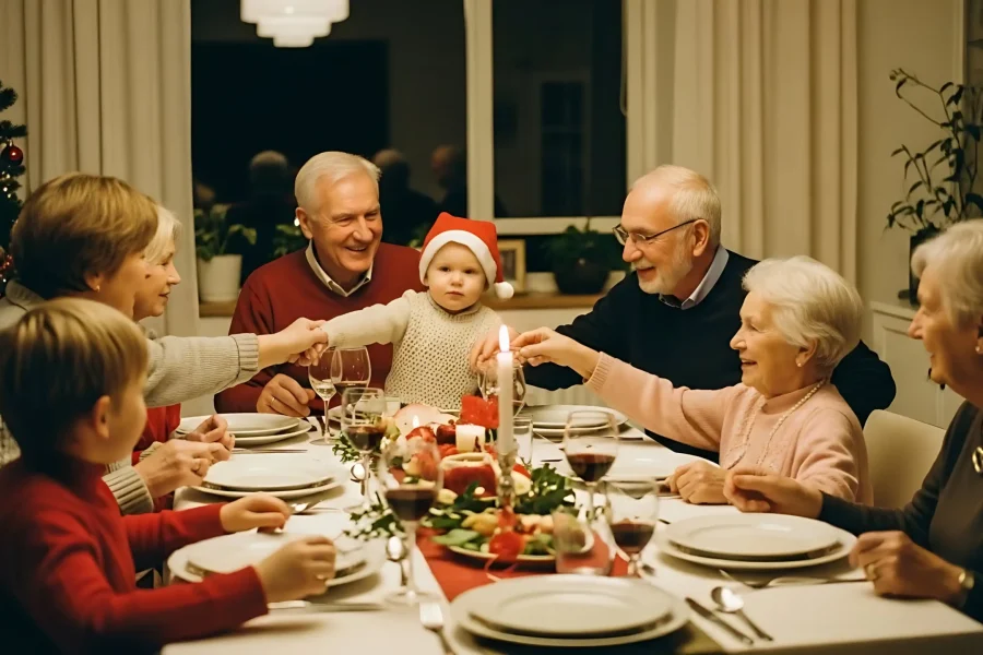 Siete personas, entre ellas un niño con un gorro de Papá Noel, se sientan alrededor de una mesa preparada para la Navidad. Sonríen y tienden la mano hacia una vela encendida, con un ambiente de entornos accesibles y un festivo árbol de Navidad de fondo.
