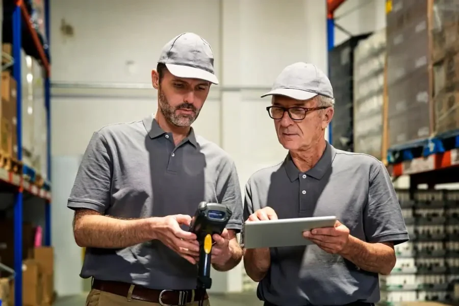 Dos hombres ocupados con polos y gorras grises están de pie en un almacén. Uno sostiene un escáner de código de barras mientras el otro utiliza una tableta. Detrás de ellos se ven estanterías con cajas y mercancías, lo que pone de relieve una logística eficiente en España para 2025.
