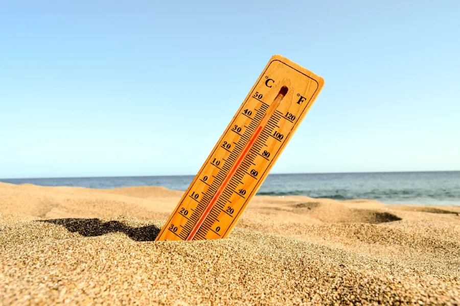 Un termómetro de madera está clavado en una playa de arena con el mar y el cielo azul de fondo, ilustrando las altas temperaturas a las que puede enfrentarse la humanidad durante la intensificación de las olas de calor en 2050.
