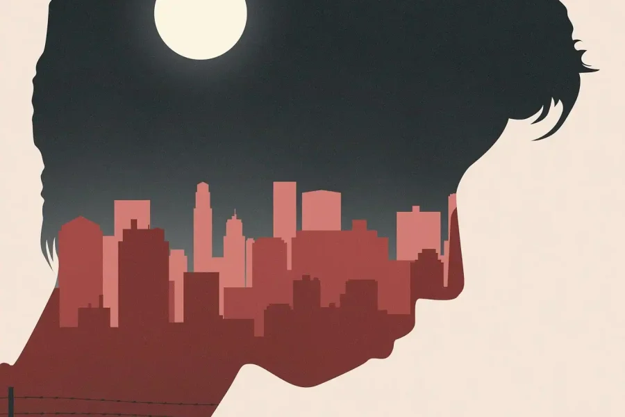 La silueta de la cabeza de una persona contiene un horizonte urbano y el sol. Debajo, un grupo de personas, incluidos niños, caminan en fila india junto a una valla, una escena evocadora que recuerda a un borrador automático de migración o desplazamiento.