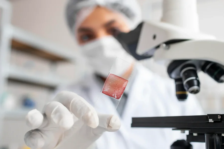 Una persona con ropa y guantes de protección sostiene un portaobjetos de microscopio con una muestra roja, preparándose para colocarla bajo un microscopio de laboratorio, parte de una investigación crucial de prevención sobre el cáncer relacionado con la exposición al tabaco. El fondo está borroso.