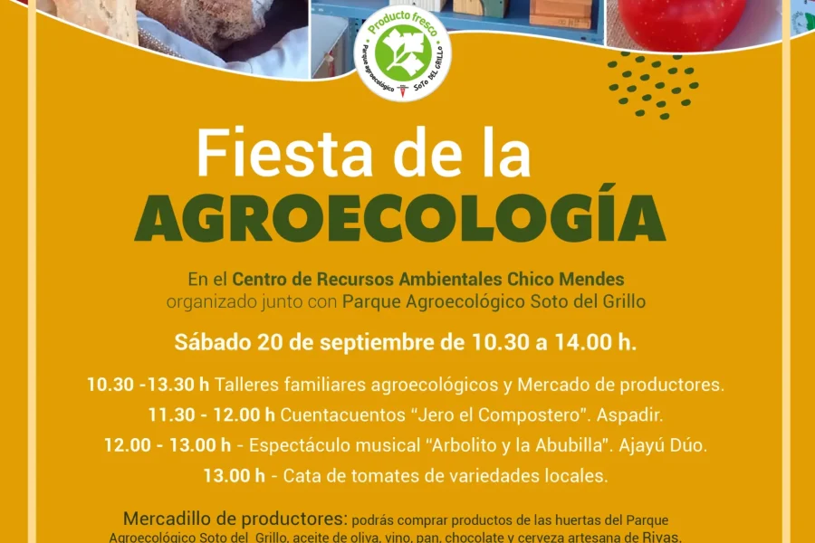 Cartel promocional de la Fiesta de la Agroecología en Rivas, con información sobre talleres, actividades y un mercado agrícola. El fondo muestra verduras y frutas variadas, como tomates y lechugas, que celebran el legado de Chico Mendes.