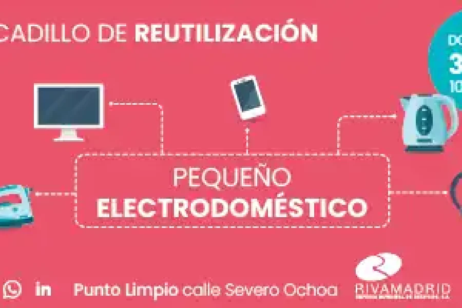 Pancarta para un mercadillo de reutilización de pequeños electrodomésticos, mostrando iconos de un monitor, una plancha, una batidora, un hervidor de agua y una radio, con los detalles del evento para el domingo 30/11, de 10:00 a 15:00 en el Punto Limpio, calle Severo Ochoa, Rivas Madrid.