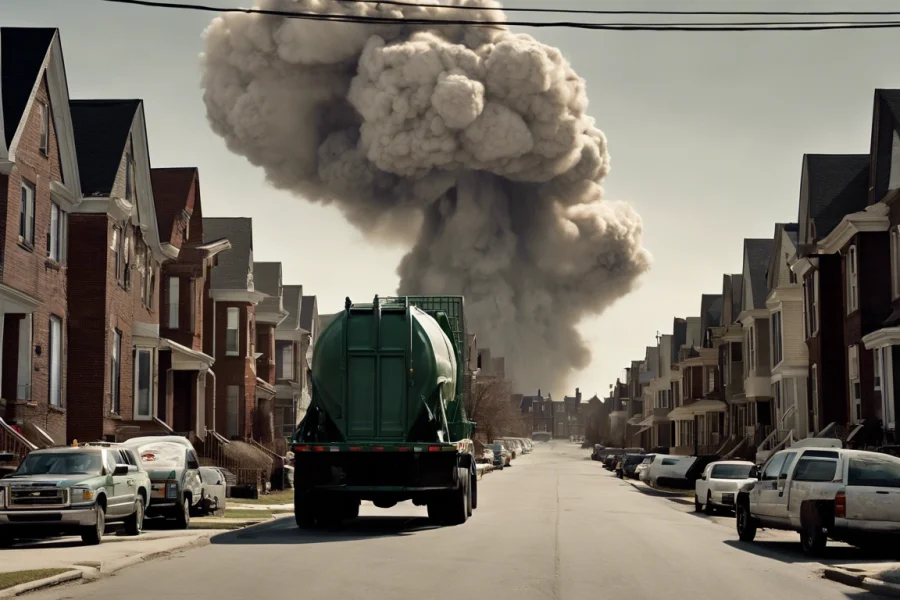 Imagen generada con IA de un camión recorriendo una urbanización, mientras al fondo se ve una explosión que puede deberse a un arma nuclear.