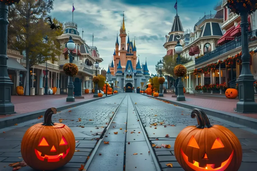 La calle principal de un parque temático de Disney decorada para Halloween, con linternas talladas a lo largo de la calle, guirnaldas naranjas en los edificios y un castillo al fondo bajo un cielo nublado.