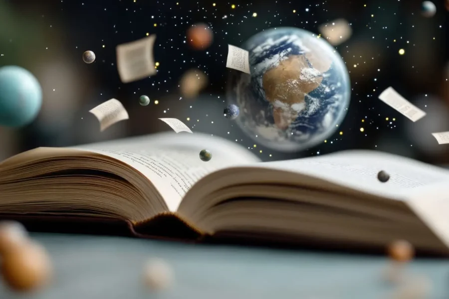 Un libro abierto con páginas y pequeños planetas que flotan fuera de él; la Tierra aparece arriba, rodeada de estrellas y hojas de papel voladoras, evocando El mosaico sagrado y sugiriendo una mezcla de ciencia, imaginación y descubrimiento sin límites.