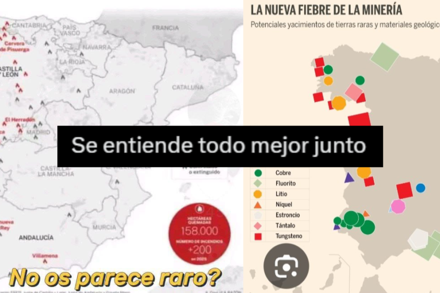 Dos mapas de España muestran la distribución de las ciudades y los yacimientos de litio. El mapa de la izquierda destaca las ciudades, mientras que el de la derecha muestra los yacimientos de litio, incluidas las tierras raras. El texto en español dice: Se entiende todo mejor junto y No os parece raro?.