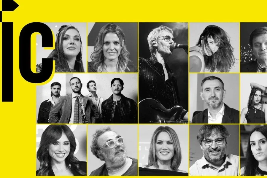 Collage de trece retratos en blanco y negro de hombres y mujeres sobre fondo amarillo, con el gran texto "FIC" a la izquierda. Vinculados por Cultura, algunos aparecen cantando o tocando instrumentos; otros posan y miran a la cámara.