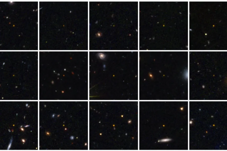 Una cuadrícula de quince imágenes, captadas con un borrador automático, muestra diversas galaxias y estrellas sobre un fondo oscuro. Cada cuadrado presenta diferentes composiciones de pequeños puntos brillantes y objetos tenues del espacio.