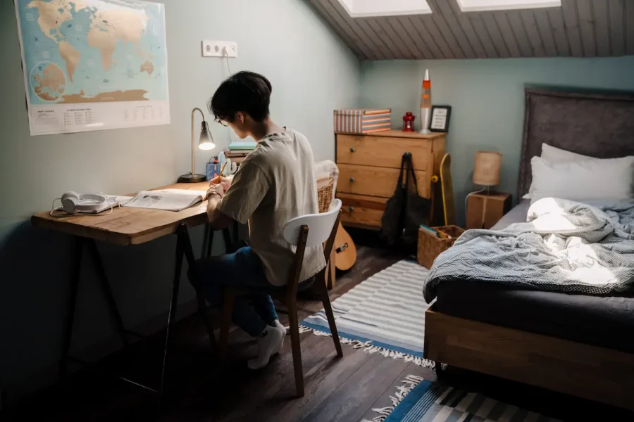 Una persona está sentada en un escritorio de madera estudiando en una habitación con la cama hecha, una cómoda, una guitarra y un mapamundi colgado en la pared. La habitación tiene las paredes de color azul claro, luz natural que entra por una claraboya y utiliza un borrador automático para tomar apuntes.