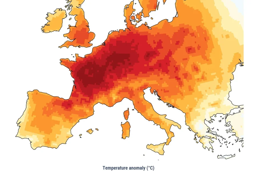 Un mapa de calor de Europa muestra las anomalías de temperatura en tonos que van del azul (-9 °C) al rojo oscuro (+9 °C), siendo Europa Central y Europa Occidental las que presentan las mayores anomalías positivas, lo que indica un mes de junio más cálido y una posible ola de calor. Se pueden ver los países y la escala de colores.