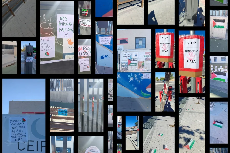 Un collage de fotos muestra el exterior del CEIPSO La Luna adornado con banderas palestinas, carteles y pancartas que expresan solidaridad con Palestina y Gaza. Pasillos, vallas y muros muestran diversos materiales de protesta.