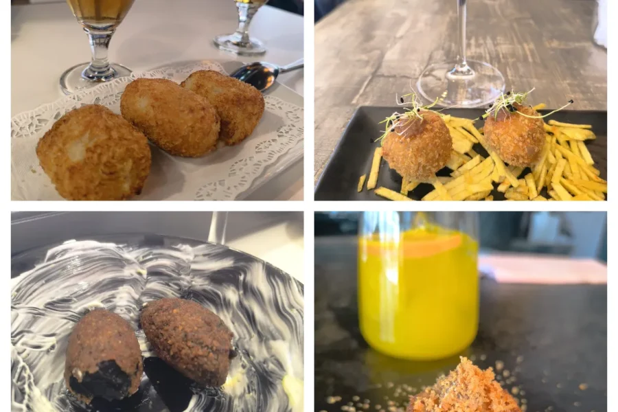 Un collage de cuatro fotos de la Ruta de la Croqueta de Rivas muestra diferentes croquetas: arriba a la izquierda con cerveza, arriba a la derecha con vino blanco y patatas fritas, abajo a la izquierda en un plato con salsa, y abajo a la derecha junto a un bote de líquido amarillo en un plato negro.