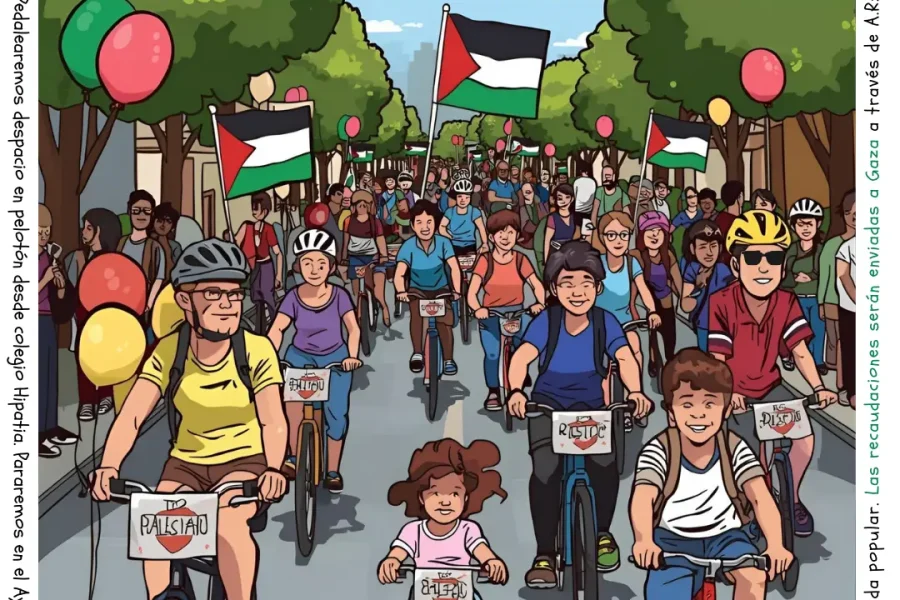 Colorido cartel que anuncia un evento intercolegial en bicicleta por Palestina, con niños y adultos pedaleando por una calle frondosa. Se incluyen detalles del evento, fecha (19 de octubre de 2025), lugares, gráficos con temática pacifista y "Borrador automático".