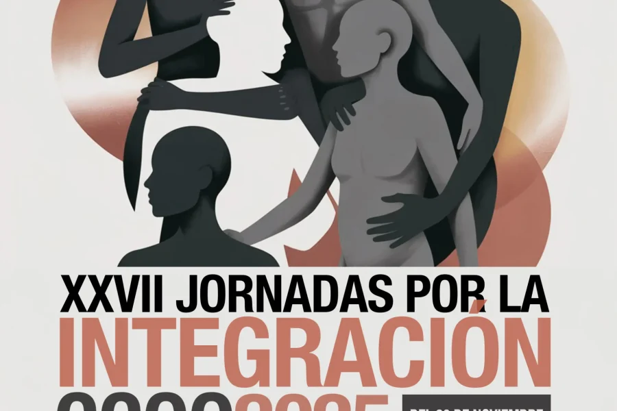 Cartel de las XXVII Jornadas por la Integración CCOO 2025 en Aranjuez, con figuras ilustradas de diferentes tonos de piel entrelazadas, con fechas del evento y logotipos de colectivos sociosanitarios patrocinadores en la parte inferior.