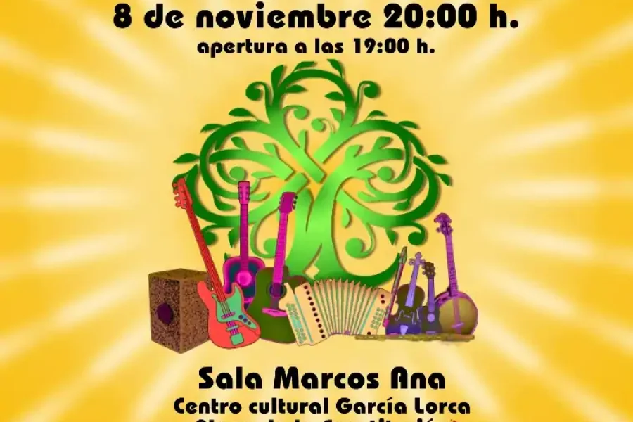 Cartel del II Concierto Republicano el 8 de noviembre a las 20:00 en la Sala Marcos Ana de Rivas Vaciamadrid. Organizado por el Ateneo Republicano de Rivas, cuenta con instrumentos musicales, bandera tricolor y detalles del evento en español.