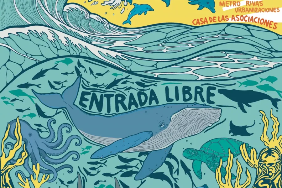 Cartel del "Rivas Vegan Fest" del 20 de junio de 2026, con animales y plantas del océano ilustrados. Descubre el veganismo con entrada libre, puestos de comida vegana, talleres, música en directo, debates, charlas, actividades infantiles y exposiciones.
