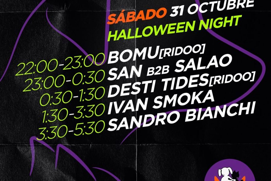 Cartel de la fiesta Raveanimal de Halloween con la silueta de un animal sobre fondo negro y neón