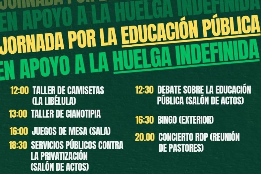 Cartel de la jornada por la educación pública del 24 de octubre en Rivas: programa con talleres, debate, bingo y concierto de RDP