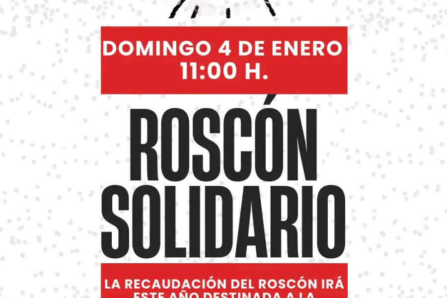 Cartel para un acto benéfico con una ilustración de un roscón y detalles del acto, creado con borrador automático. Se indica que la recaudación se destinará a la sanidad pública, con logotipos de grupos organizadores en la parte inferior.