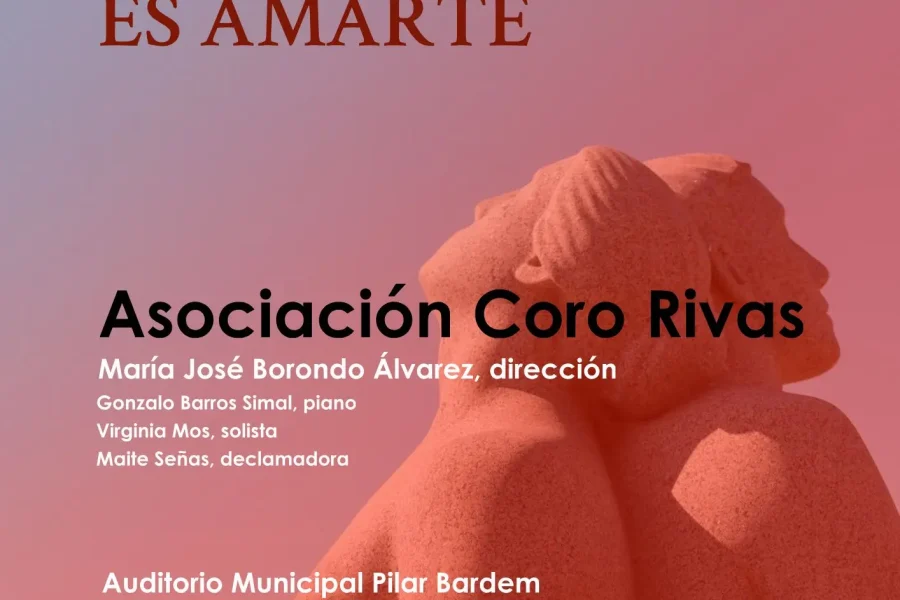 Cartel para el concierto Dulce tormento es amarte de Coro de Rivas, con una estatua de dos figuras abrazadas y detalles del evento -fecha, hora, lugar, precio de la entrada- sobre un fondo rosa.