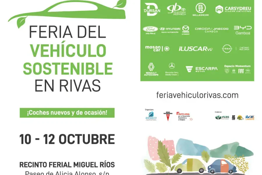 Cartel promocional de la Feria Rivas: Feria del Vehículo Sostenible en Rivas, celebrada del 10 al 12 de octubre en el Recinto Ferial Miguel Ríos. En el diseño aparecen los logotipos de los patrocinadores, la página web del evento, coches y árboles para promover la movilidad sostenible.