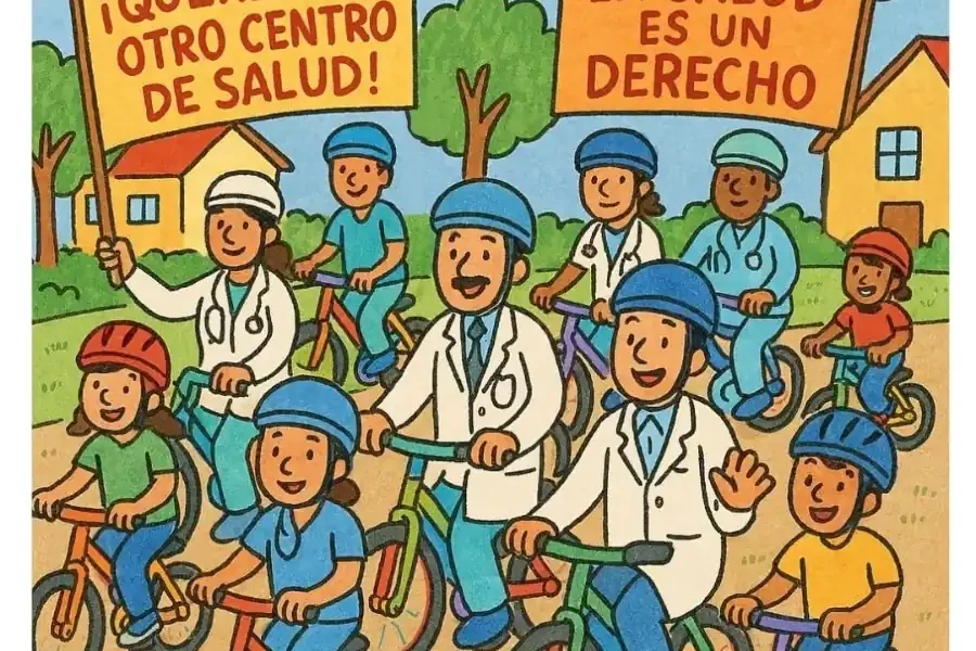 Cartel ilustrado promocionando el Bicibús Interescolar, un evento ciclista escolar por la sanidad pública. Niños y familias de Rivas montan en bicicleta sosteniendo carteles sobre los derechos sanitarios. A continuación se indican la fecha, la hora y los detalles del evento en español.