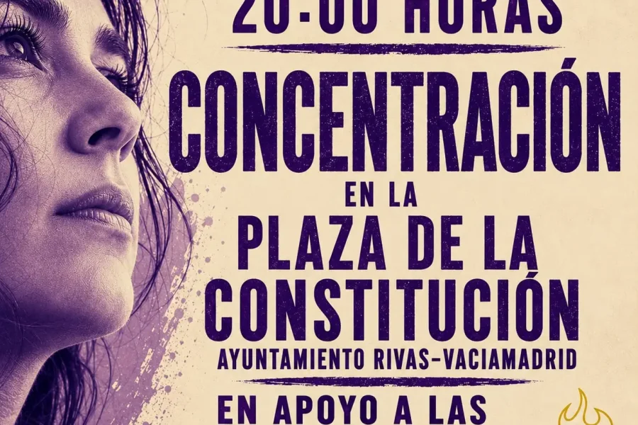 Cartel en el que se anuncia una concentración el miércoles 8 de julio a las 20:00 h en la Plaza de la Constitución, en Rivas-Vaciamadrid, en apoyo a las víctimas de abusos en un centro de masajes de Rivas. En la parte izquierda se ve el rostro de una mujer.