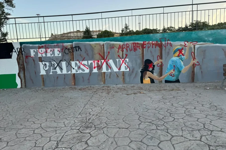 En una pared hay un grafiti en el que se lee «PALESTINA», con cruces rojas y lemas, junto a figuras pintadas que levantan dos dedos en señal de paz. El suelo está pavimentado y, al fondo, se ven una valla y árboles, lo que confiere a la escena un aire casi de «Borrador automático», como si la obra capturara una expresión espontánea congelada en el tiempo.