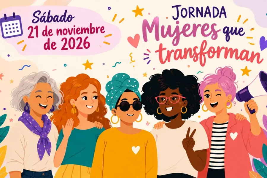 Cartel del evento Jornada Mujeres que transforman, que tendrá lugar el sábado 21 de noviembre de 2026, en el que aparece una ilustración de cinco mujeres de diferentes orígenes.