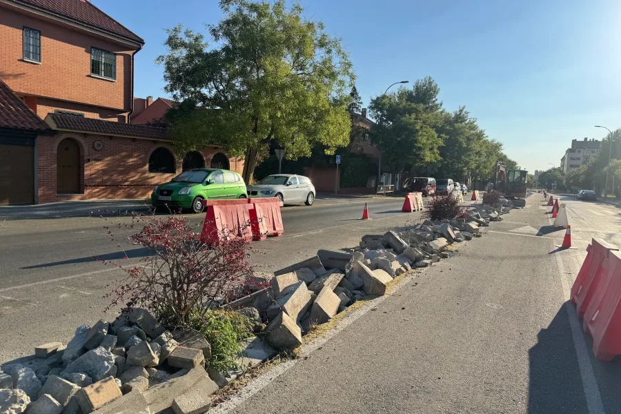 Una calle de Rivas presenta vallas de obra y conos junto a un montón de bloques de hormigón rotos procedentes de una reciente retirada de árboles. Hay coches aparcados a lo largo de la carretera y las casas se alinean a ambos lados de la calle bajo un cielo despejado.