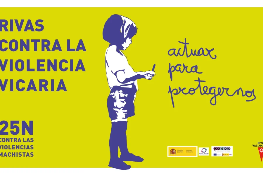 Cartel con fondo amarillo que muestra la silueta de un niño dibujando "actuar para protegernos". Texto Rivas contra la violencia vicaria. 25N campaña contra la violencia machista, Ayuntamiento de Rivas. Los logotipos aparecen en la parte inferior.
