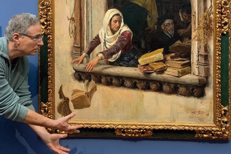 El escritor José Guadalajara y el cuadro 'El escrutinio'.