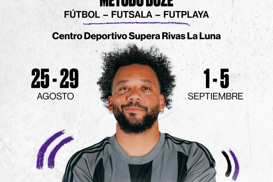 Cartel de Campus Doze Madrid con Marcelo Vieira en camiseta negra y gris. Fechas del evento: 25-29 de agosto y 1-5 de septiembre en el Centro Deportivo Supera Rivas La Luna. Incluye un código QR y logotipos en la parte inferior.