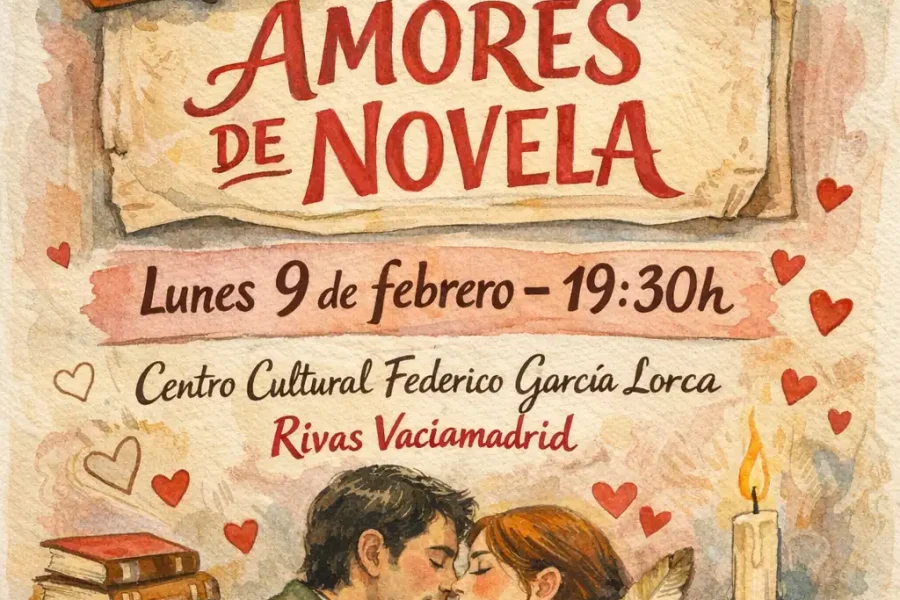 Cartel ilustrado del evento Amores de Novela en Rivas: una pareja a punto de besarse, rodeada de libros, una vela, un frasco de tinta y una paloma blanca. Celebra el amor el 9 de febrero a las 19:30 en Rivas Vaciamadrid.
