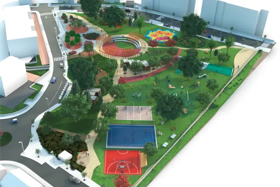 Vista aérea del parque en José Isbert, Rivas, con senderos, zonas verdes, parques infantiles, un anfiteatro circular, zonas deportivas y caminos, un espacio impresionante construido con una inversión de 2,4 millones de euros.