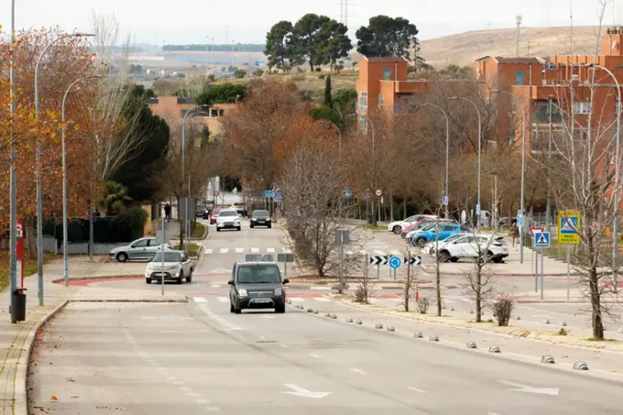 Una calle con coches circulando y aparcados, rodeada de árboles sin hojas y edificios de apartamentos anaranjados. Señales de tráfico, una rotonda, pasos de peatones y colinas bajo un cielo nublado completan la escena de este borrador automático de la vida urbana.