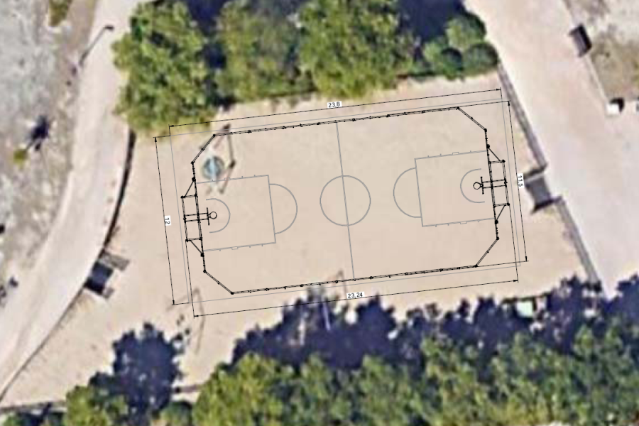 Plano de la nueva pista multideportiva sobre una imagen aérea del parque Rafael Canogar