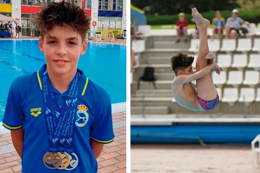Sergio Heredero, con sus tres medallas del campeonato de España infantil de salto en trampolín. (Ayuntamiento de Rivas)