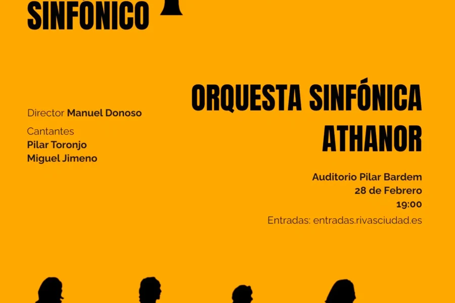 Cartel amarillo promocional del concierto "The Beatles Sinfónico" de la Orquesta Athanor, con siluetas de personas cruzándose, detalles del evento y un llamativo logotipo de los Beatles. Únete a nosotros el 28 de febrero en el Auditorio Pilar Bardem, a las 19:00.