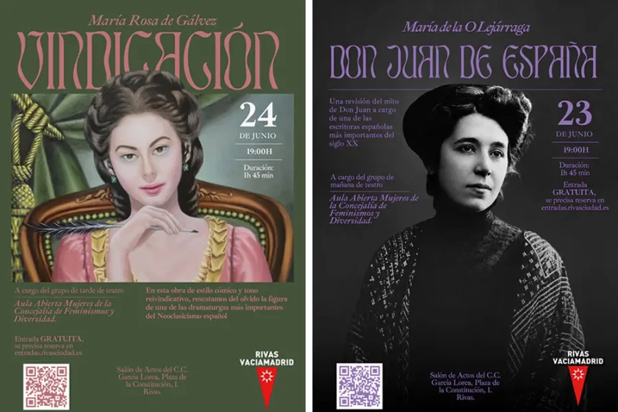 Dos carteles para representaciones teatrales del Aula Abierta Mujeres, curso 2025/2026. Uno muestra a una mujer ilustrada para Vindicación el 24 de junio; el otro muestra una foto en blanco y negro para Don Juan de España el 23 de junio.