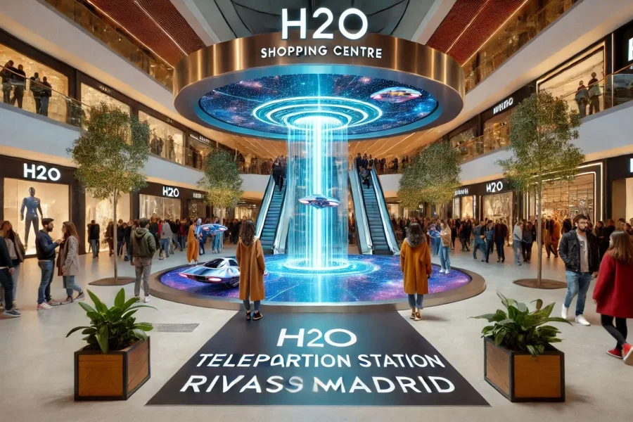 Una foto de la inauguración una estación de teletransporte en el centro comercial H2O de Rivas Vaciamadrid. Imagen Generada por IA