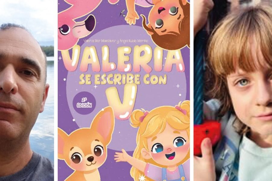 Composición con el profesor Ángel Rubio, la portada del cuento «Valeria se escribe con V» y la niña Valeria Díez