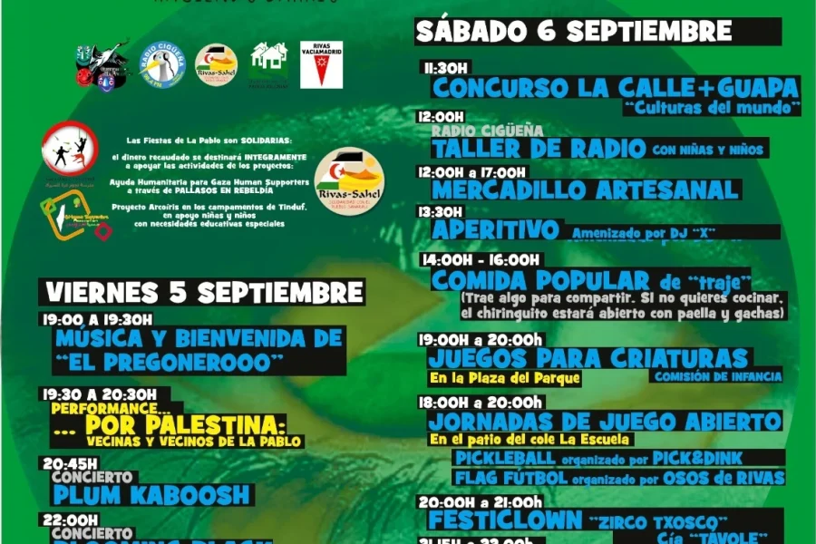 Cartel de las II Fiestas Solidarias de La Pablo 2025 en Rivas, previstas para los días 5 y 6 de septiembre, con horarios, actividades y talleres sobre un colorido fondo de playa y mar y texto en amarillo y azul.