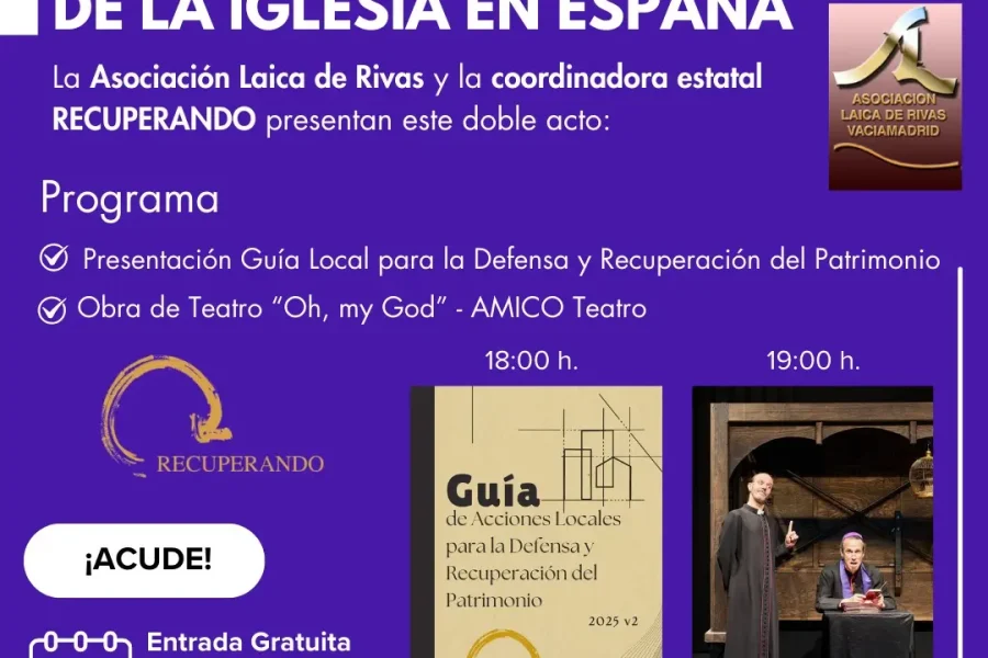 Cartel promocional de "Inmatriculaciones de la Iglesia en España" centrado en las inmatriculaciones de la Iglesia en Rivas, con presentación de libro a las 18:00 horas y teatro a las 19:00 horas. Entrada libre el 18 de septiembre de 2025.