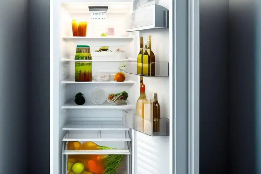Un frigorífico abierto, parte de los nuevos electrodomésticos, se alza en una pequeña habitación con suelo de cuadros. En su interior, botellas, tarros, bebidas, frutas y verduras están perfectamente ordenados, mostrando un espacio organizado en la Comunidad de Madrid.