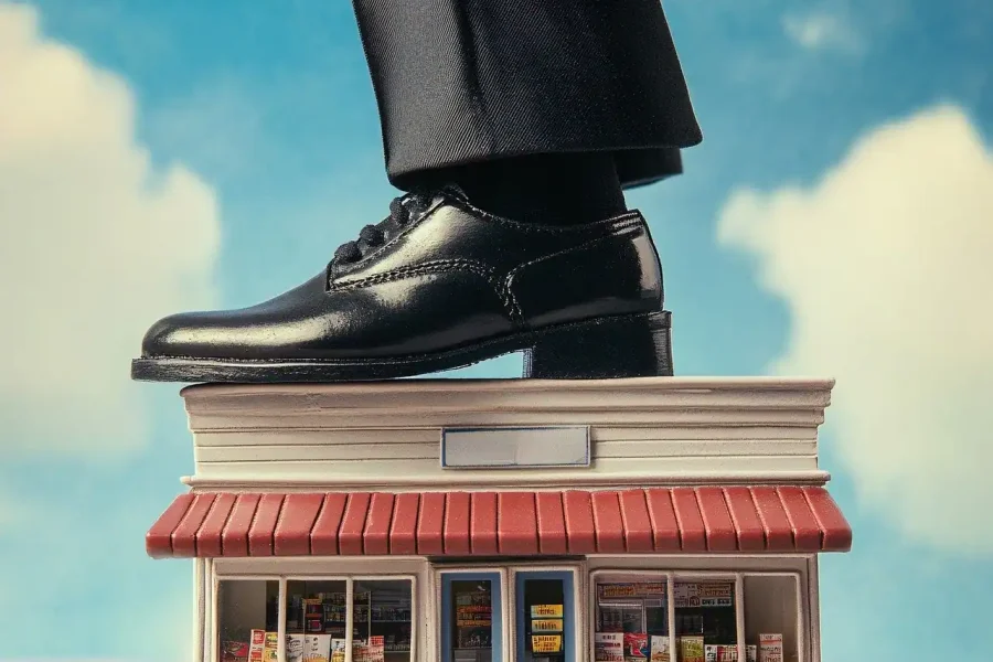Una persona con zapatos de vestir negros y pantalones pisa el tejado de una pequeña maqueta de un edificio que parece una tienda de cómics, aludiendo al contraste entre la riqueza y los sueños cotidianos de la humanidad, con un cielo azul y nubes de fondo.