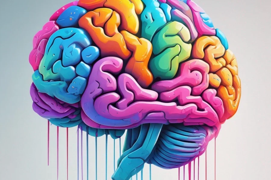 Ilustración anatómica del cerebro humano en la que aparecen segmentos multicolores que representan la identidad de género, con gotas de pintura que caen desde la parte inferior.