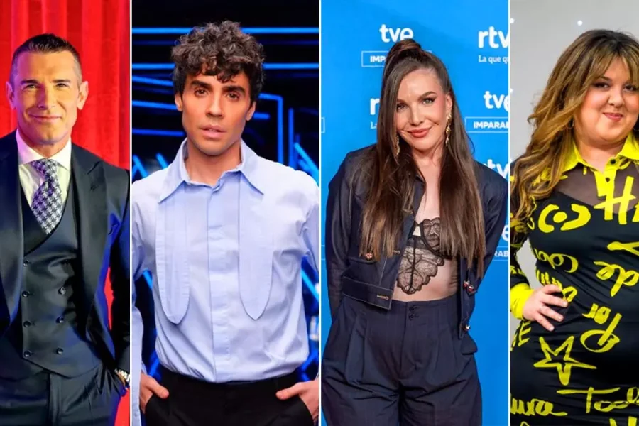 Cuatro personas aparecen en imágenes separadas: un hombre de traje, Jesús Vázquez, una mujer con un traje oscuro y una mujer de negro y amarillo con un escrito. Cada uno posa ante diferentes fondos temáticos del Benidorm Fest 2026.